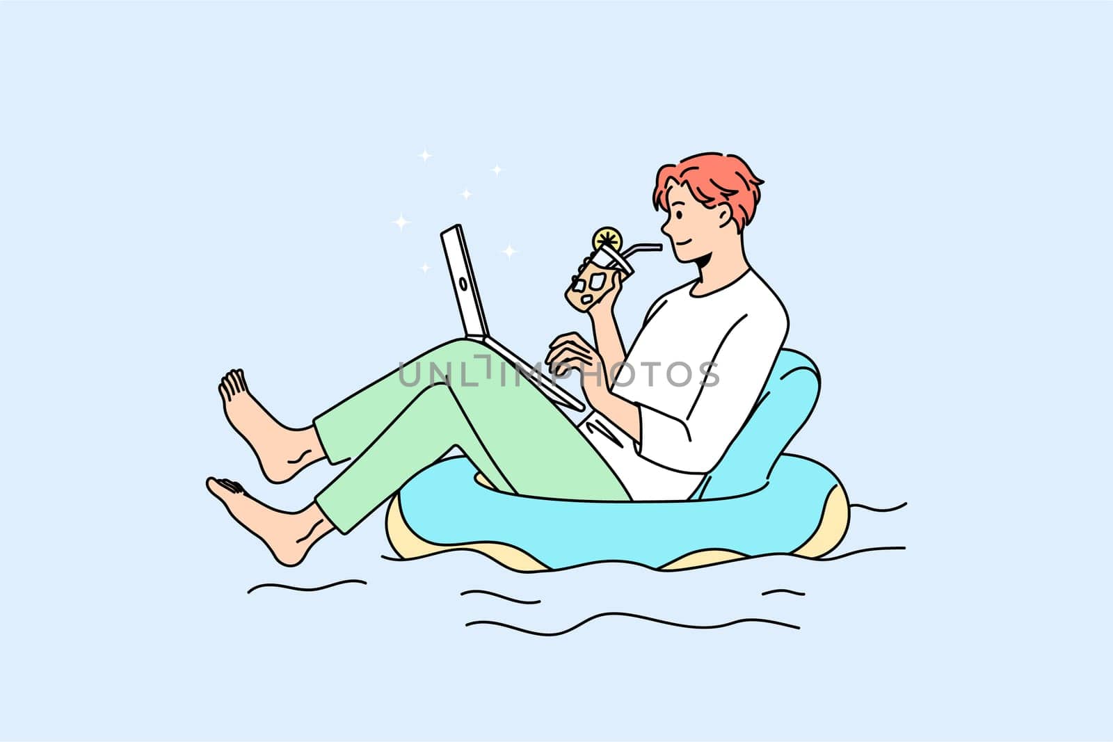 Relaxed man swim on inflatable ring work online on laptop at home lockdown or quarantine. Calm male employee downshifting in swimming pool. Distant job concept. Vector illustration.