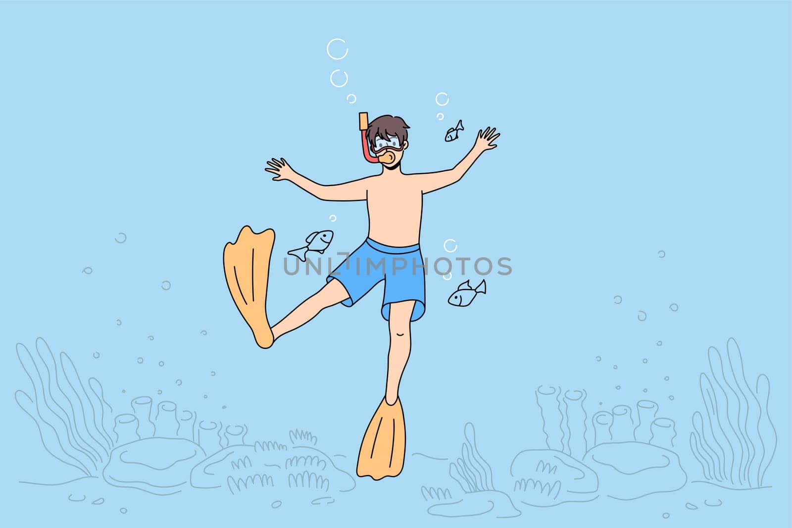 Boy child in scuba and swim fins snorkeling under water in sea. Happy kid in swimwear diving in ocean. Active summer vacation or holiday. Marine entertainment. Flat vector illustration.