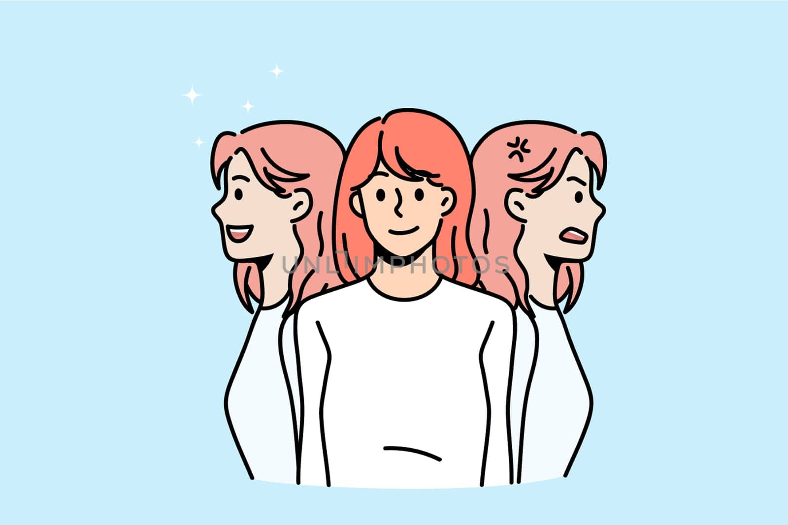 Young woman faces feel different emotions suffer from bipolar disorder. Girl have mood swings, struggle with mental disease. Health problem concept, psychotherapy. Flat vector illustration.