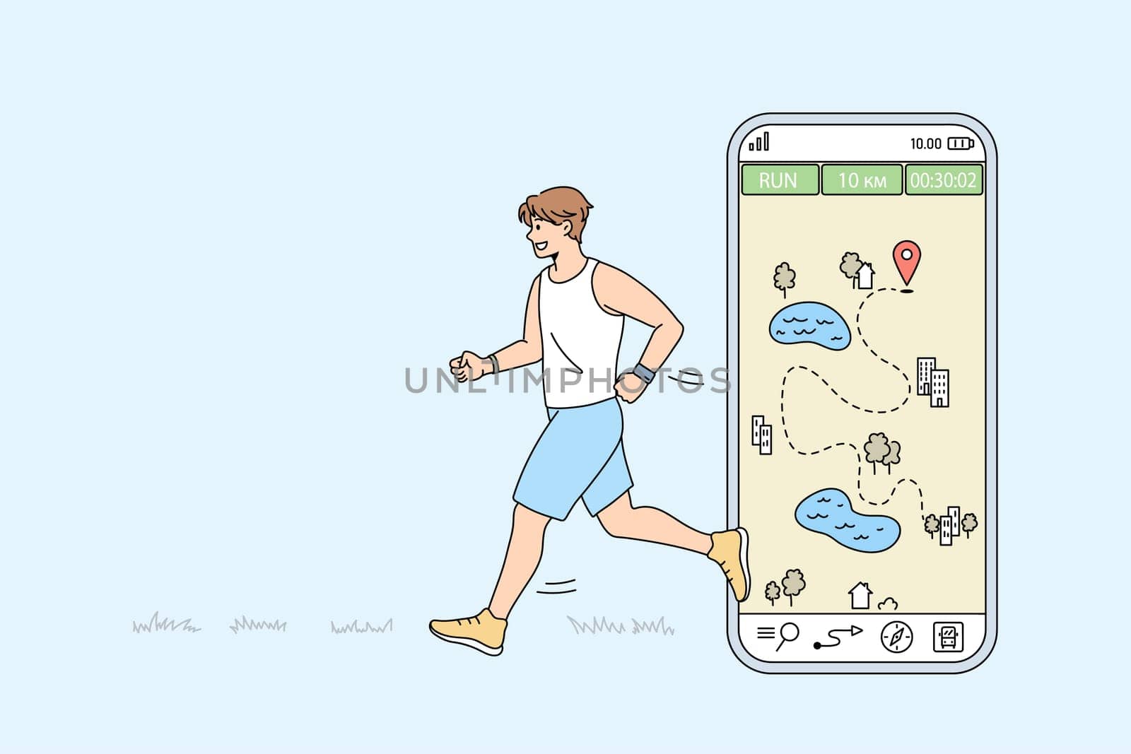 Healthy active man in sportswear run marathon track route on smartphone application. Sporty toned male athlete do sports use app on modern cellphone. Physical activity. Vector illustration.