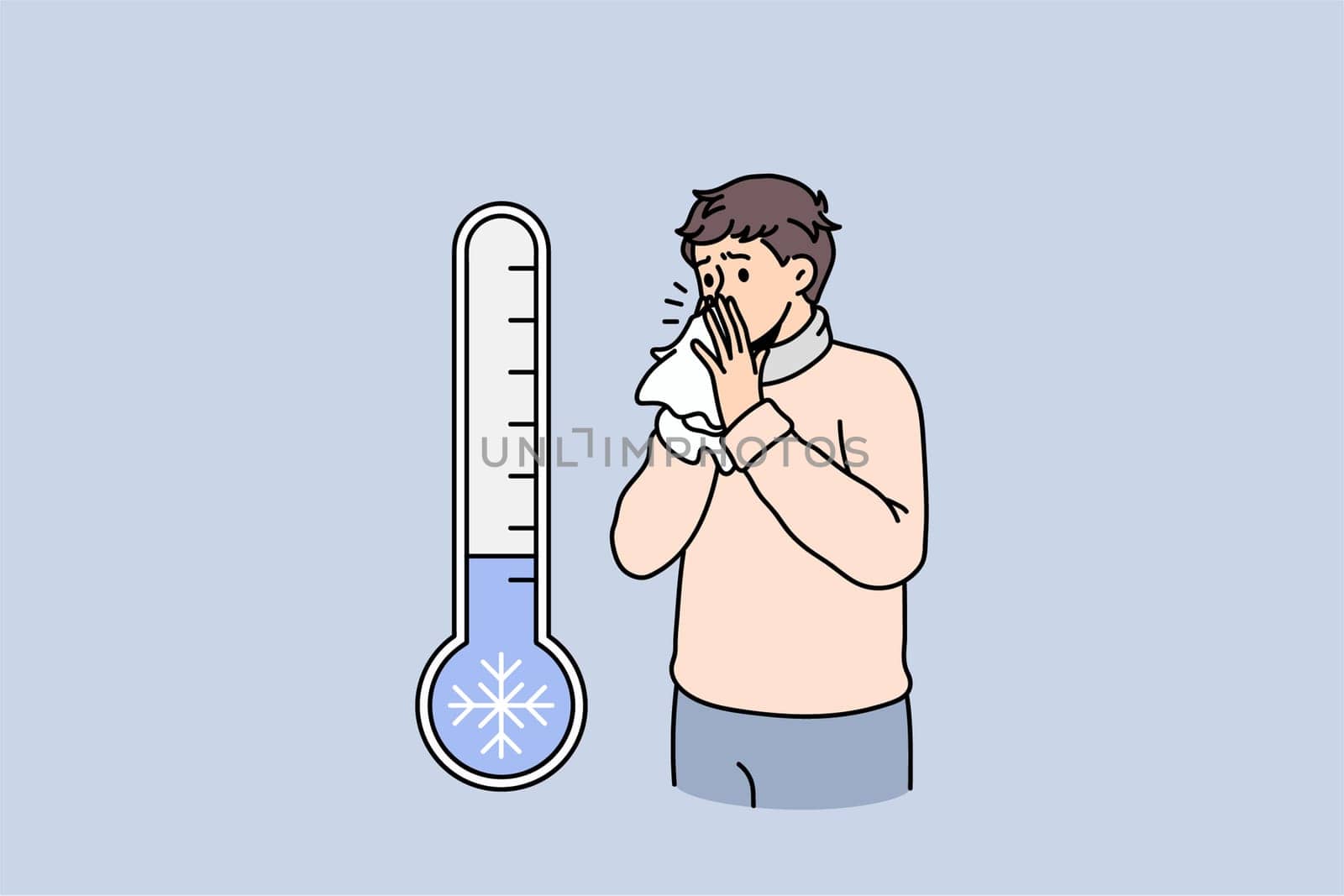 Unhealthy man blow running nose suffer from cold or fever due to cold winter outside temperature. Unwell sick male struggle with seasonal influenza or covid-19. Healthcare. Vector illustration.