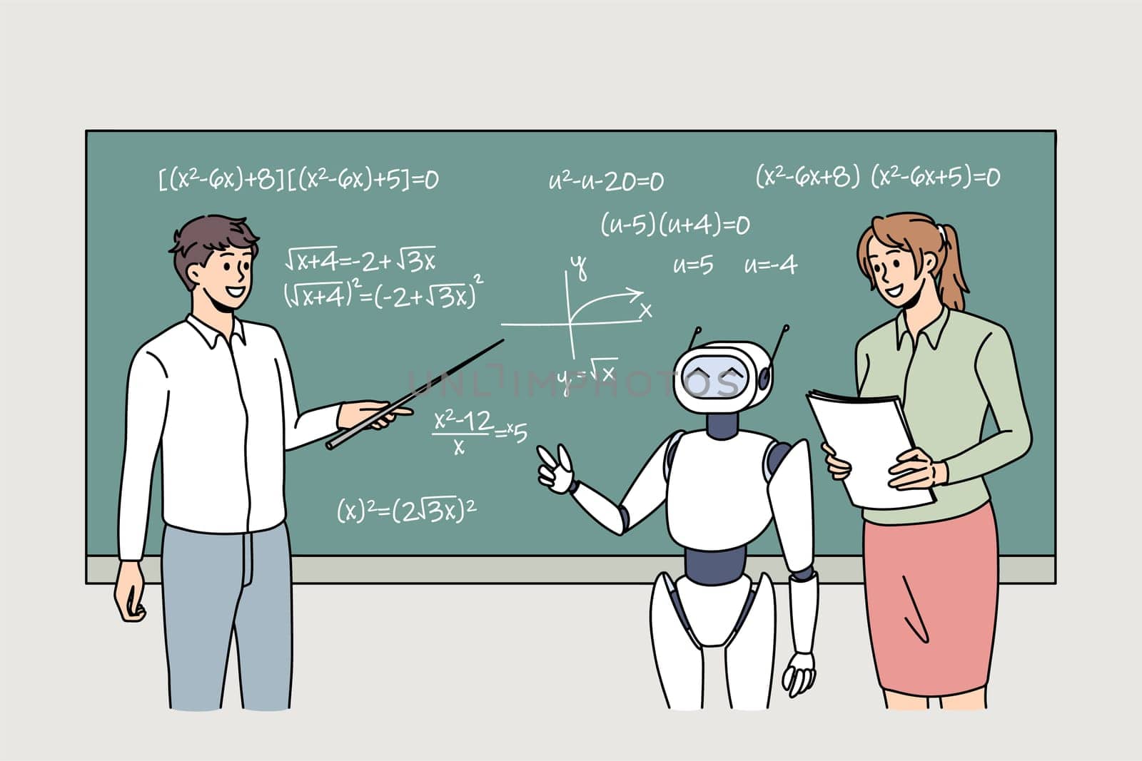 Modern robot and teachers study at blackboard in classroom of university. Artificial intelligence and innovation concept. Digital science teaching bot. Technology concept. Vector illustration.