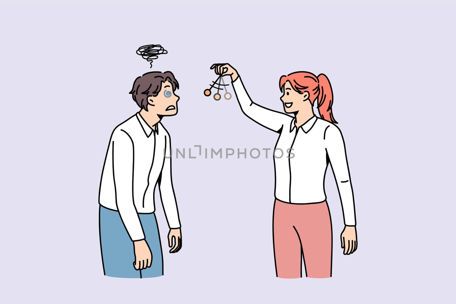 Woman use hypnosis on weak man. Female leader control male colleague or coworker. Businesswoman persuade client or customer. Management and leadership. Manipulation concept. Flat vector illustration.