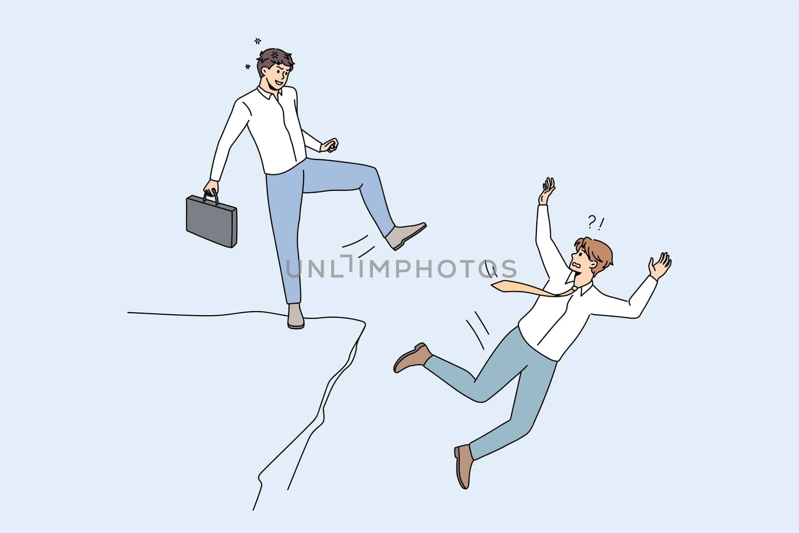 Businessman kick throw male colleague off cliff or hill. Man eliminate rival coworker at workplace. Rivalry and competition concept. Cheating competitor or partner. Flat vector illustration.