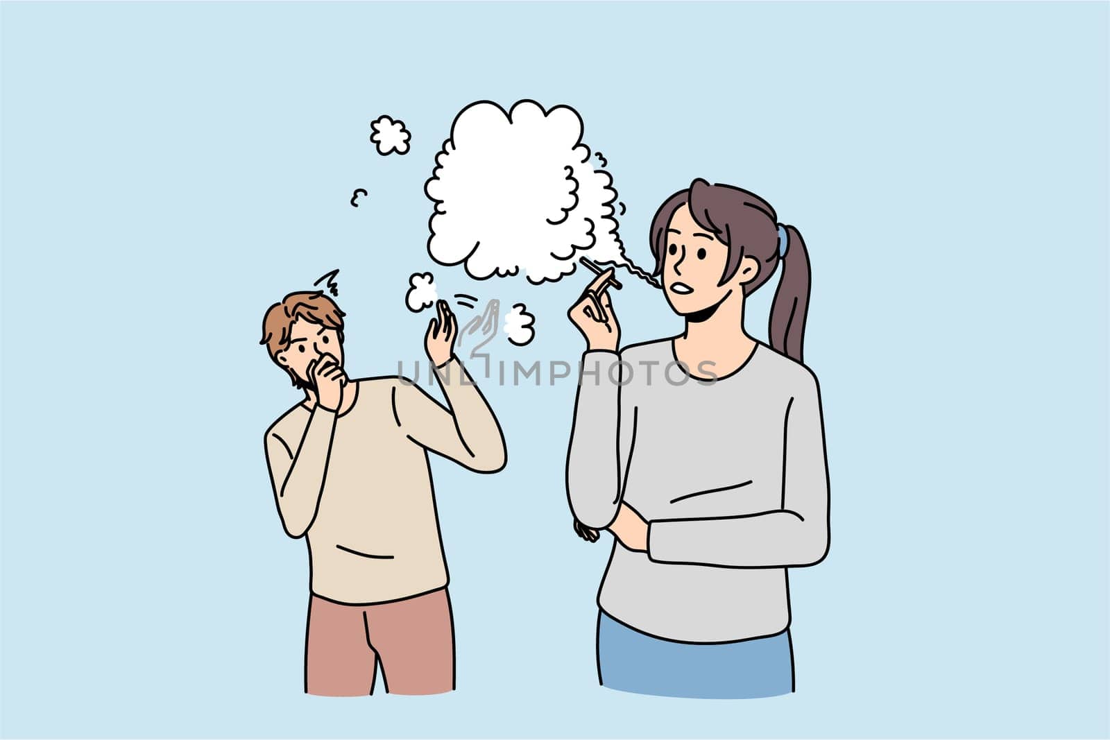 Woman smoking cigarette effect man passerby walking near. Male passive smoker cough because of female with tobacco. Unhealthy bad habit, air pollution concept. Flat vector illustration.