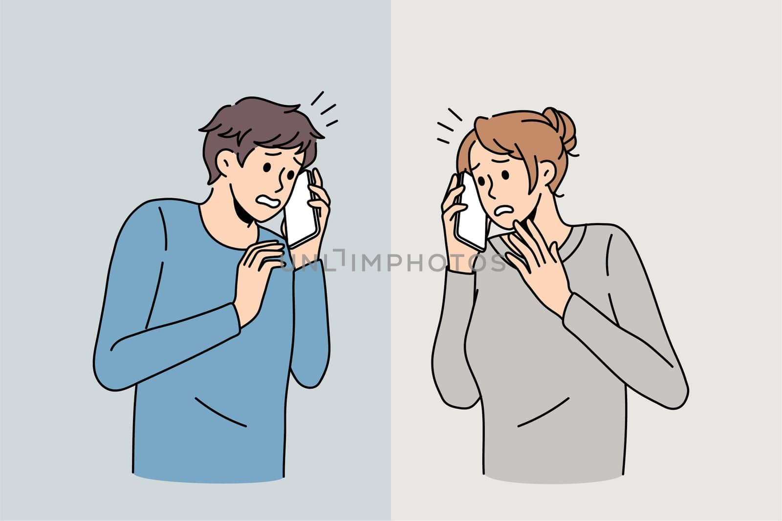 Scared man and woman talk on cellphone feel anxiety with communication. Frightened people have smartphone call, afraid of public speaking. Introvert communicate. Vector illustration.