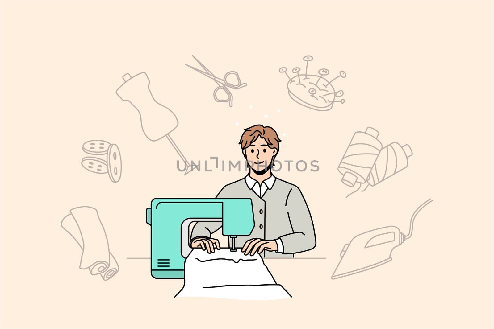 Man dressmaker work on sewing machine design new clothes line in workshop. Smiling male designer or tailor work in fashion atelier or studio. Style, dressmaking concept. Vector illustration.