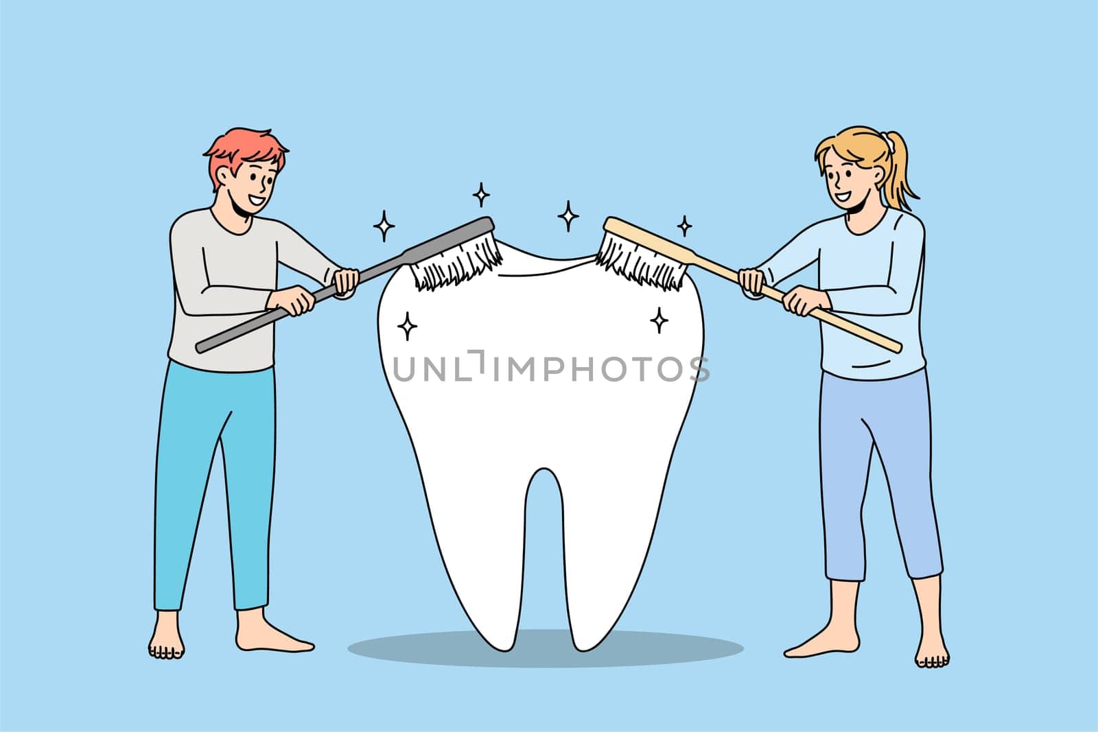 People using toothbrushes cleaning giant tooth take care of oral hygiene. Man and woman cleanse brush teeth. Caries protection. Oralcare, dental treatment concept. Flat vector illustration.