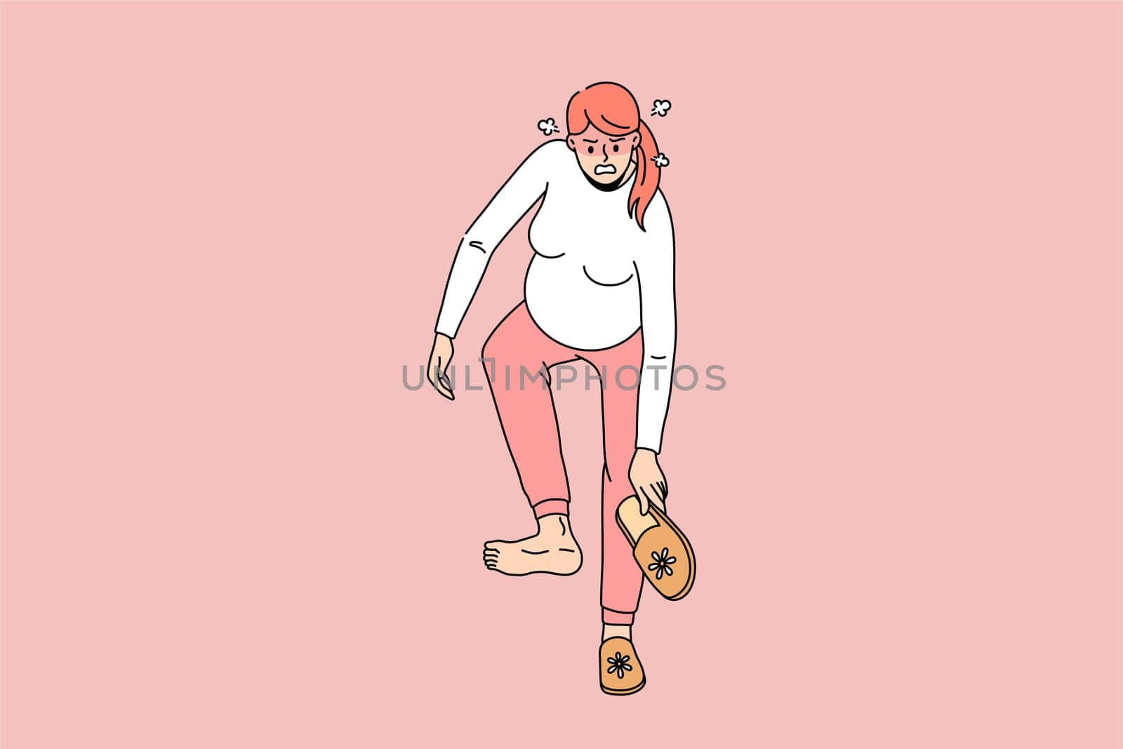 Angry pregnant woman bend with huge belly try wear sleepers. Unhappy mad mom to be suffer from last month pregnancy outcomes and problems, unable to dress. Flat vector illustration.