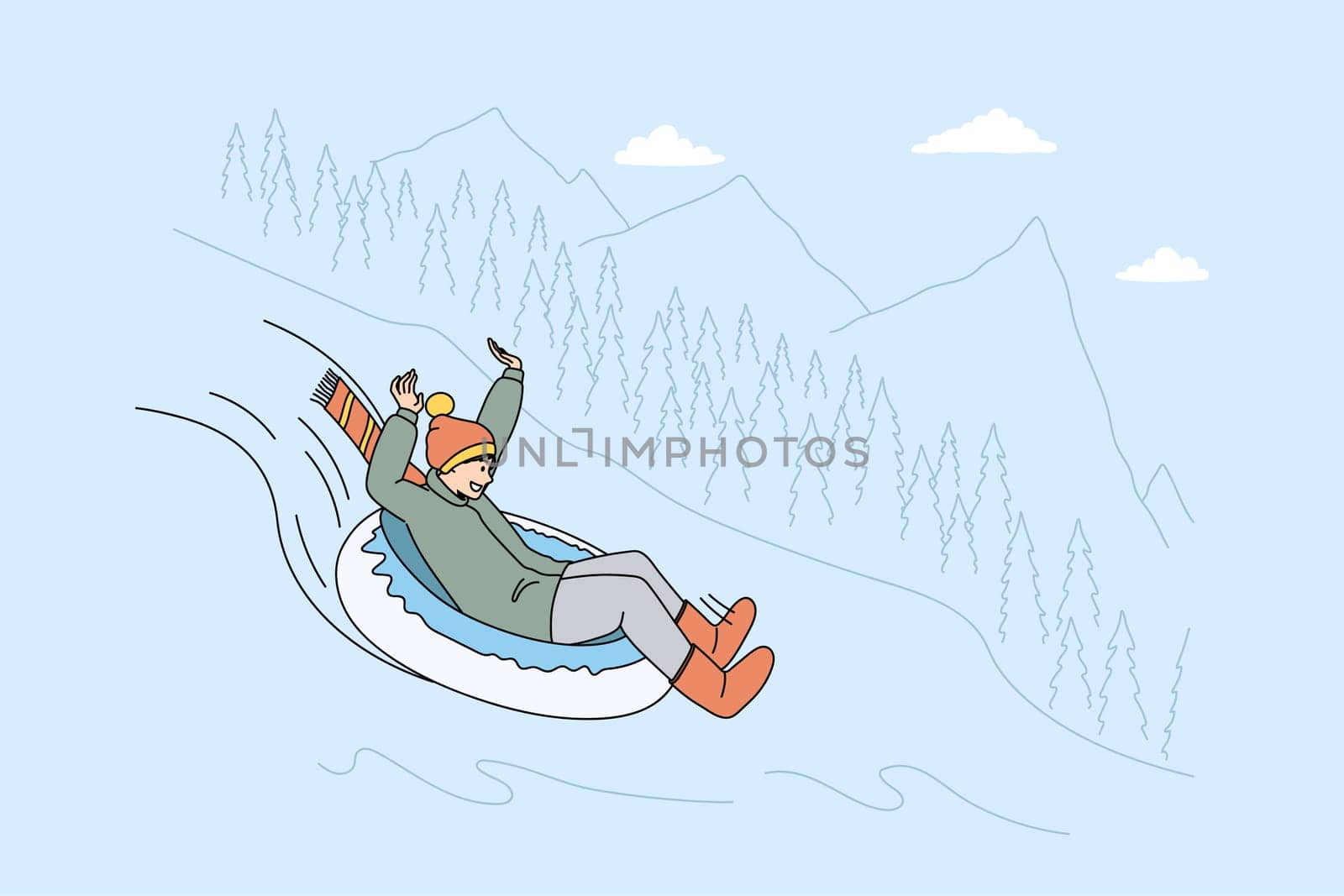 Happy man in outerwear have fun ride down hill on inflatable snow tube on winter holidays. Smiling guy relax on mountain ski resort on vacation. Tourism and travel concept. Vector illustration.