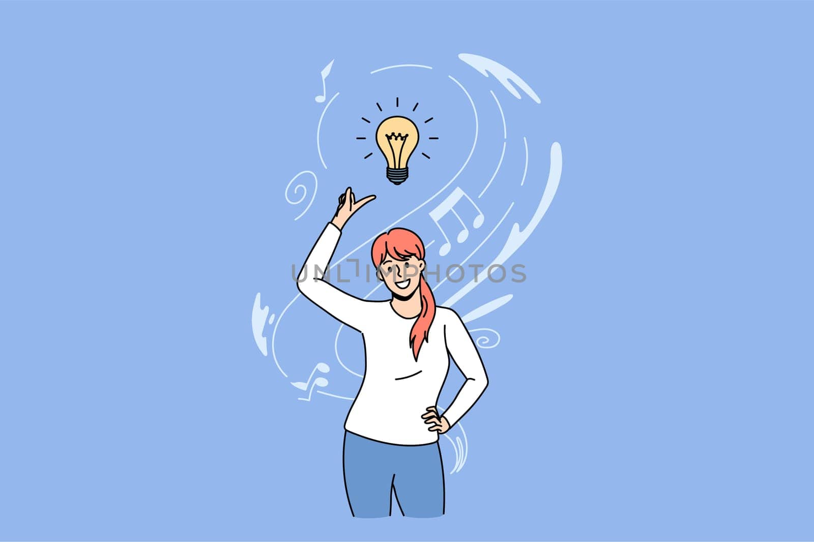 Smiling woman think brainstorm over creative idea or plan. Happy girl generate thoughts, engaged in finding solution. Creativity and innovation, problem solved concept. Flat vector illustration.