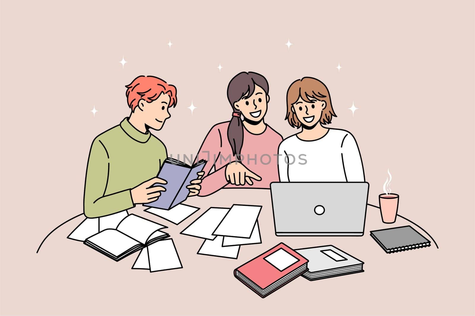 Happy diverse young people study together with books and laptop prepare for school exam or test. Smiling students learn using computer and textbooks. Education concept. Flat vector illustration.