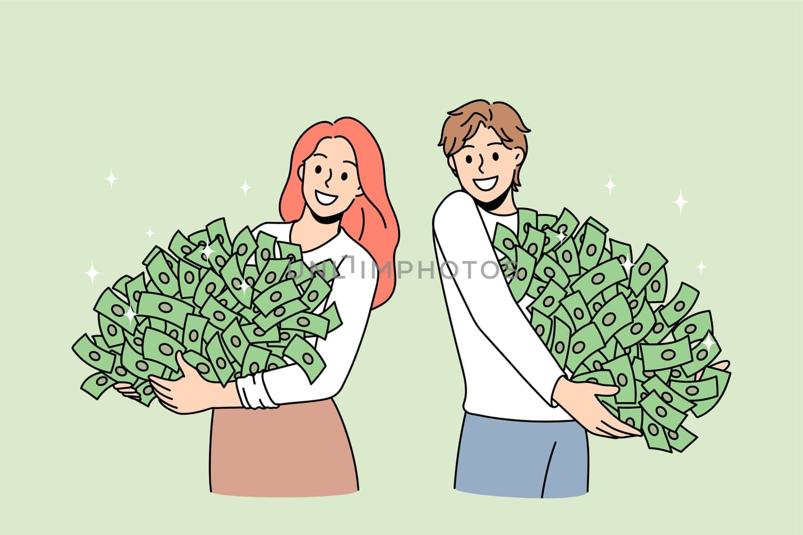 Happy people hold piles of money win lottery get jackpot in game. Smiling man and woman with cash stacks, receive investment. Successful banking, finance concept. Flat vector illustration.