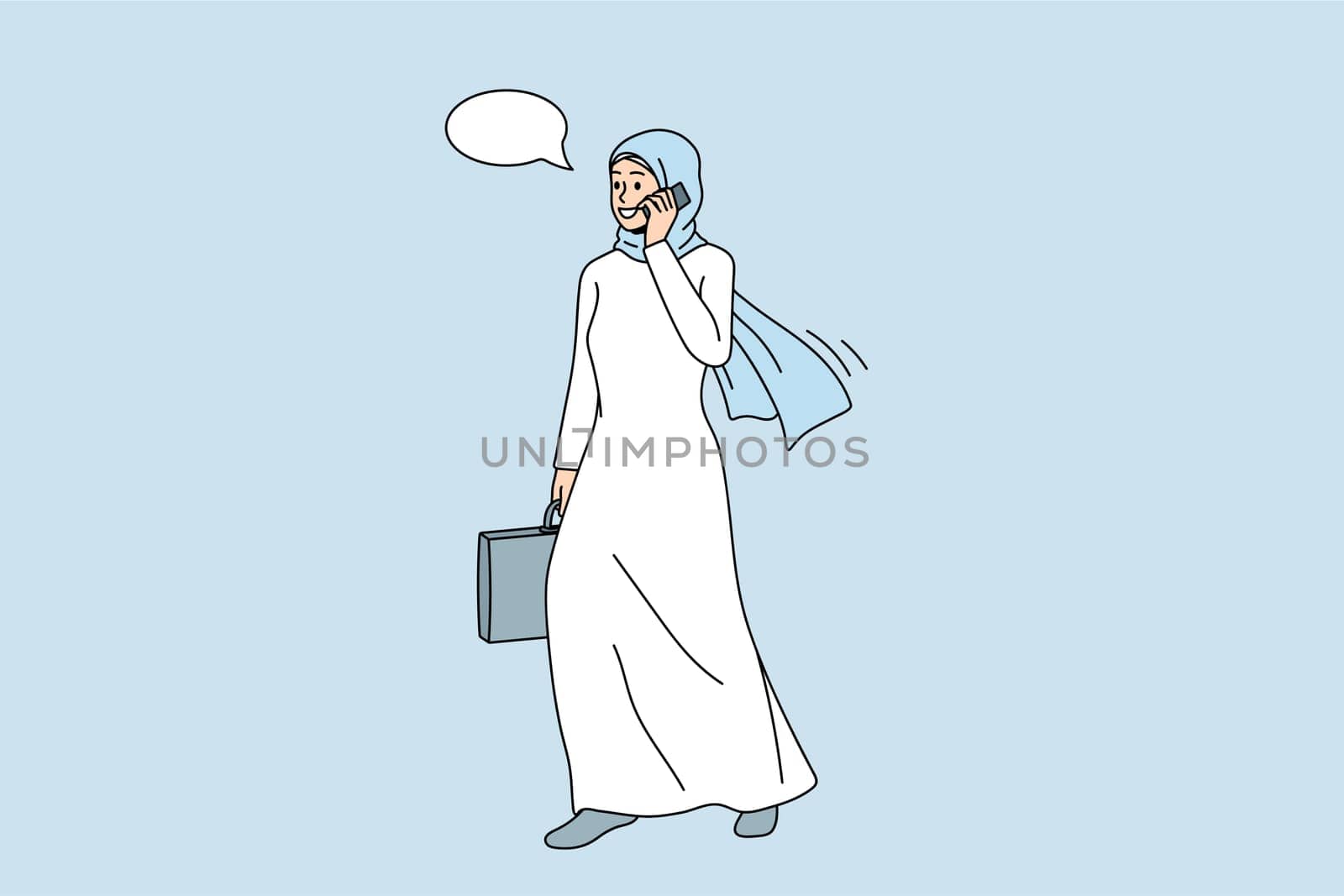 Smiling muslim businesswoman in traditional clothes talk on cellphone with client. Happy Islamic woman worker have business smartphone call. Technology, culture concept. Vector illustration.