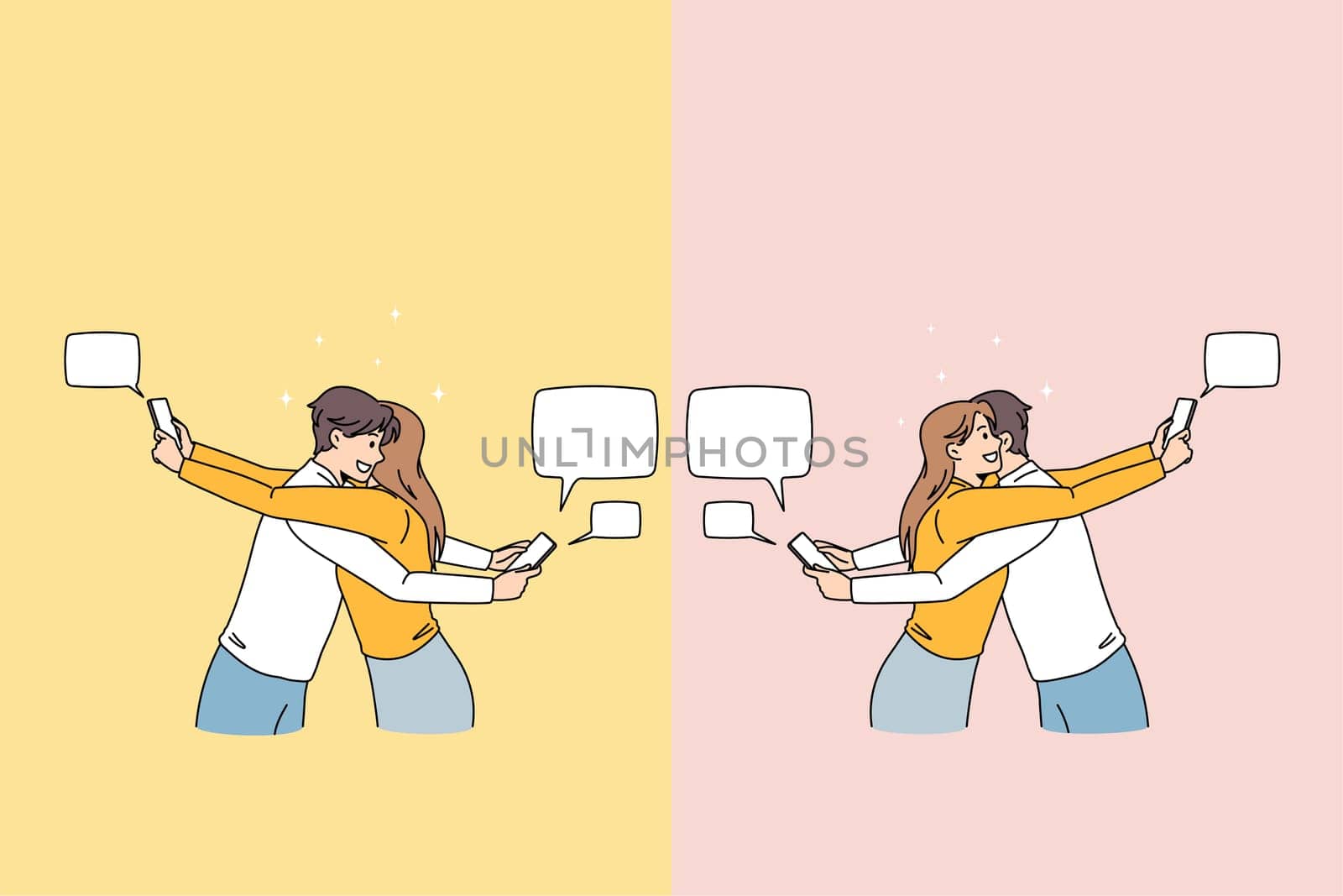 Couple hug text message on cellphone cheating online. Man and woman lovers embrace have communication on internet on smartphone. Social media, relations. Flat vector illustration.