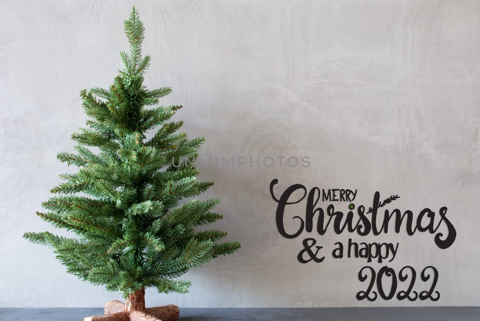 Egnlish Calligraphy Merry Christmas And A Happy 2022. Green Christmas Tree With Gray Background