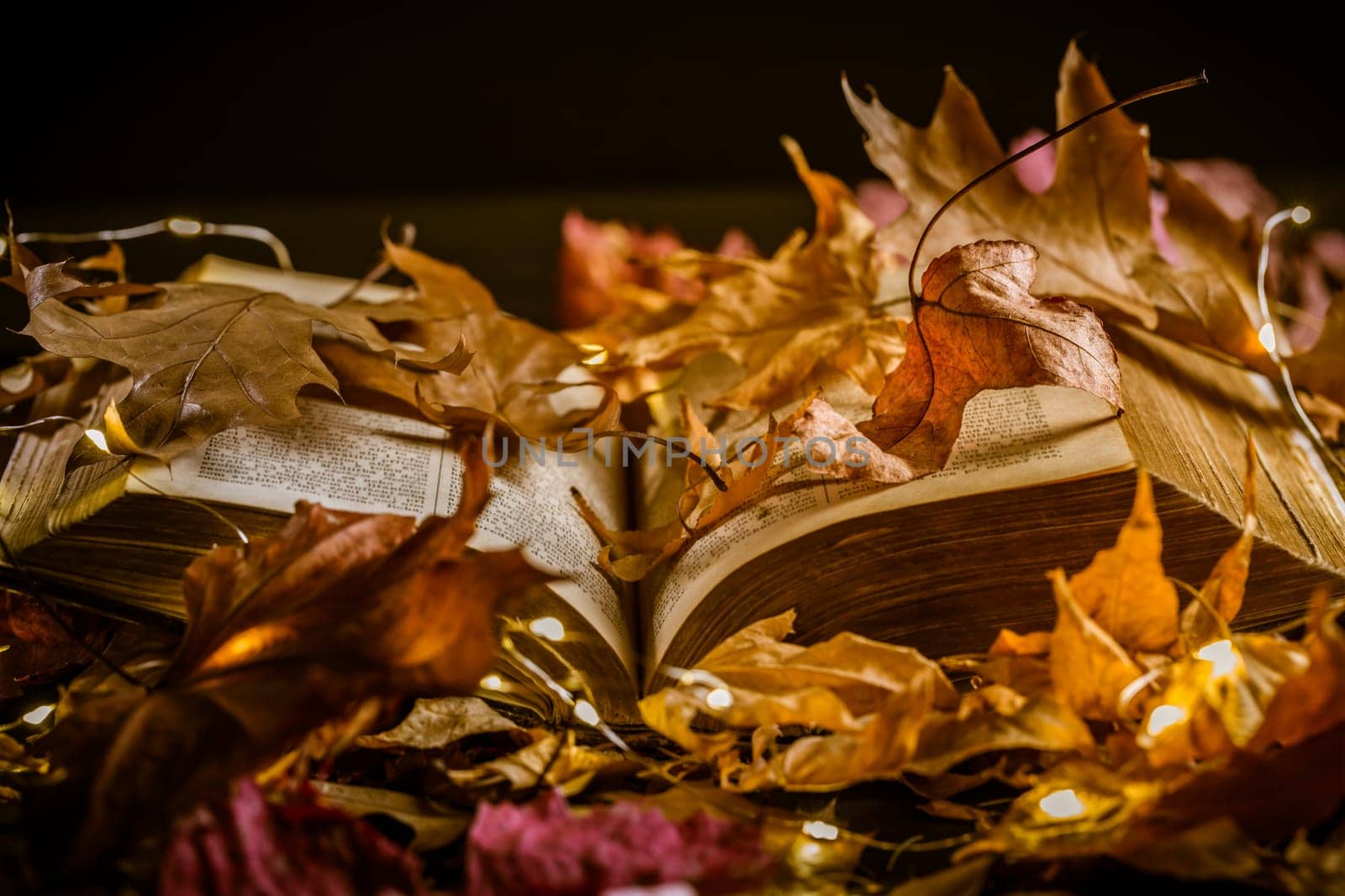 Old book with candle and autumn leaves in vintage style