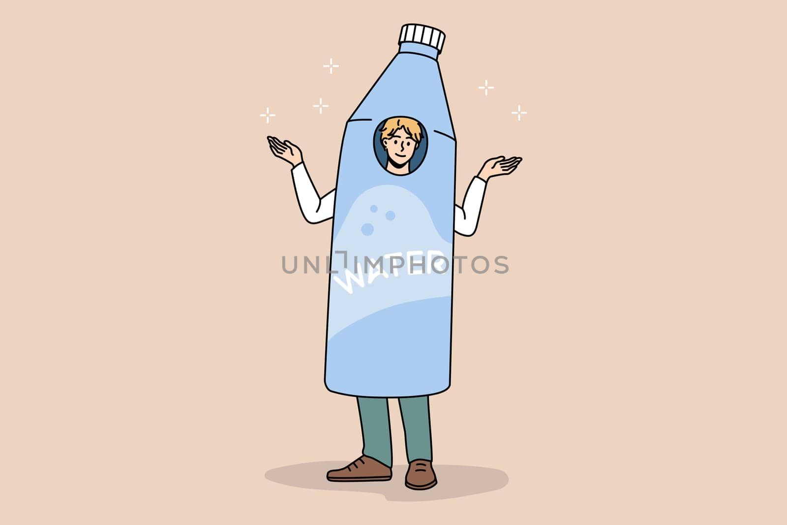 Smiling man dressed in water bottle advertise recommend healthy lifestyle. Happy male in costume in mineral aqua advertisement. Ad, body refreshment, hydration concept. Vector illustration.