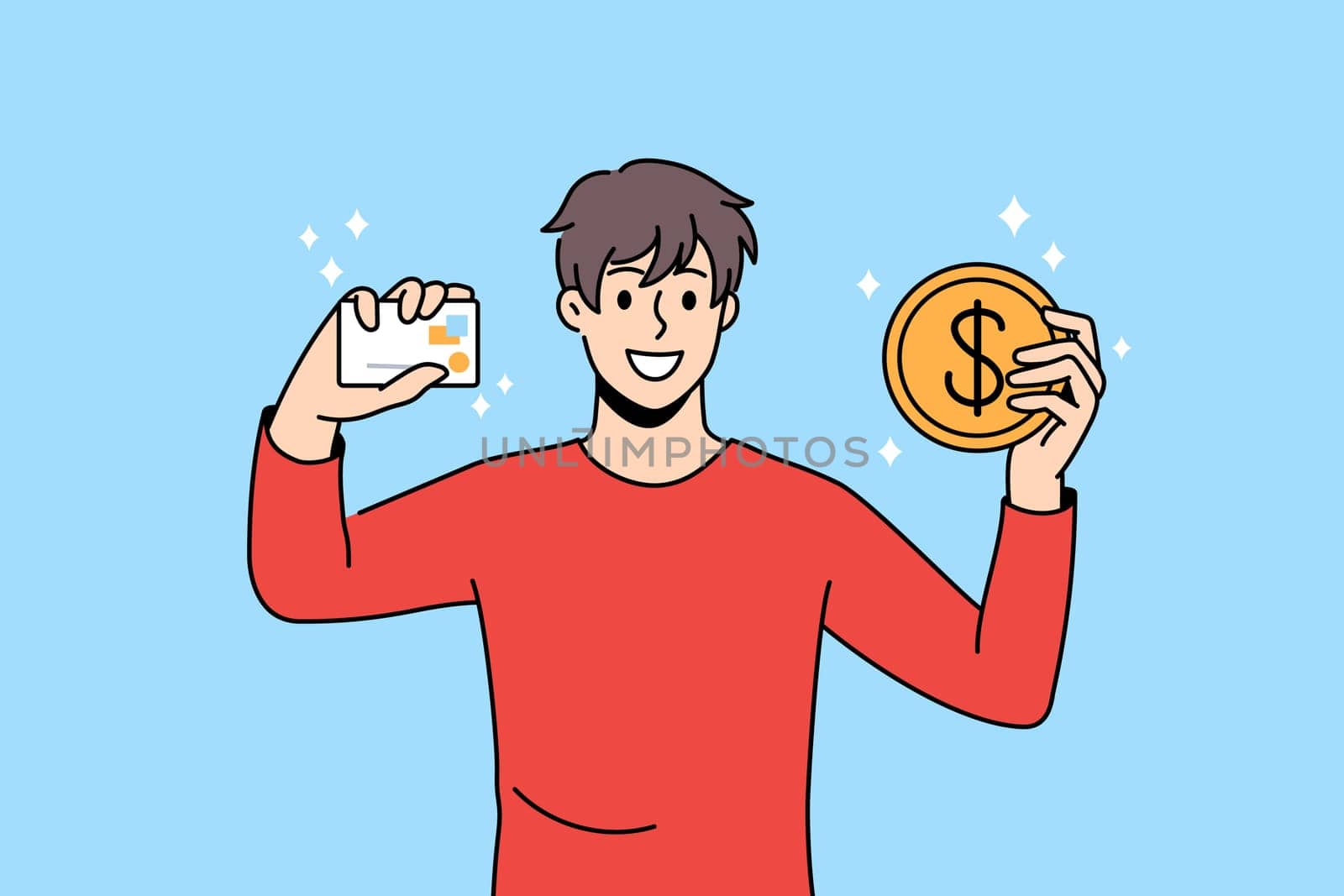 Smiling young man hold credit card and bitcoin excited about good investment. Happy guy trader invest money in cryptocurrency. Crypto, trading concept. Vector illustration, cartoon character.
