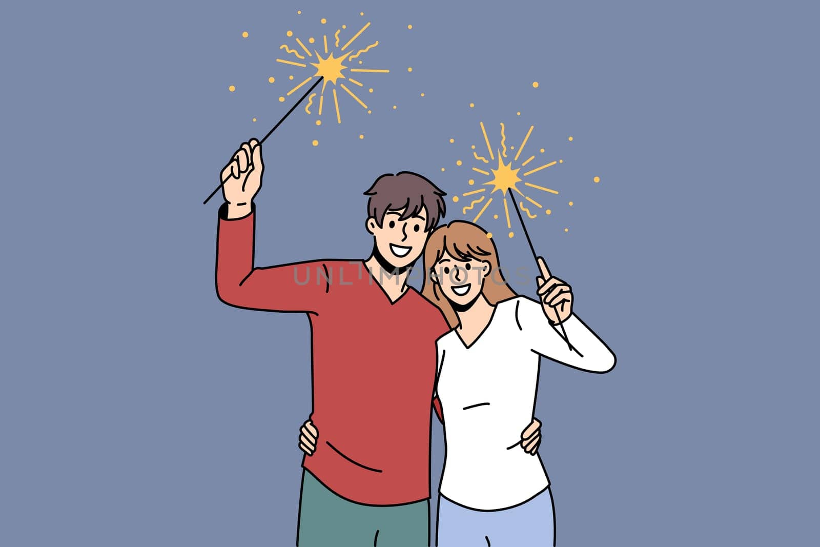 Happy couple lovers with festive fireworks hug cuddle celebrate New Year together. Smiling man and woman with lights enjoy Christmas party or celebration. Winter holiday. Vector illustration.