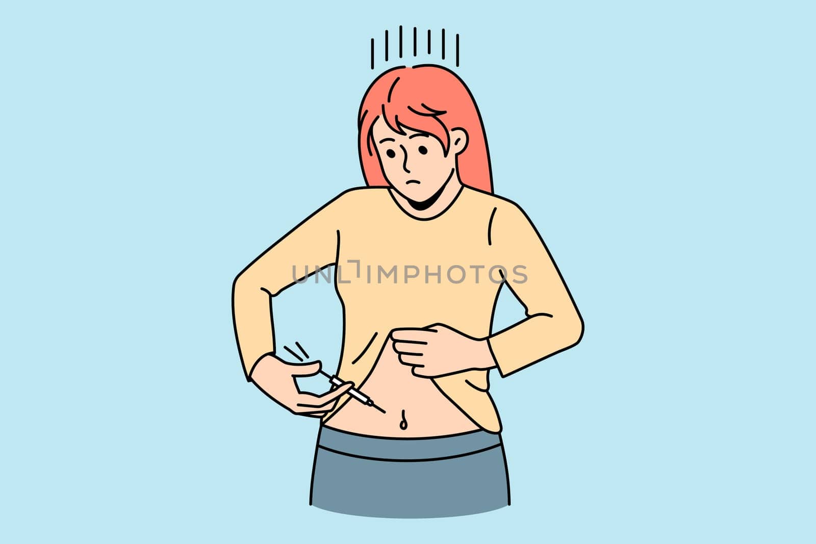 Sick woman make insulin injection in belly suffer from diabetes. Unhealthy unwell female apply inject medication with syringe. Healthcare concept. Vector illustration, cartoon character.