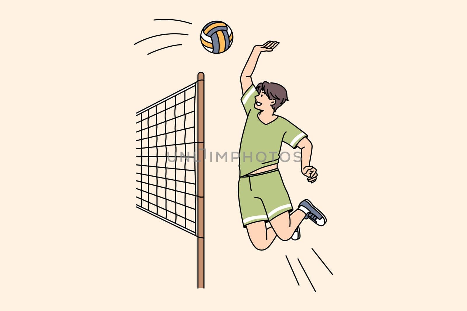 Young sporty man in sportswear play volleyball throw ball over net. Guy player engaged in game activity follow healthy lifestyle. Sport, athlete concept. Vector illustration, cartoon character.
