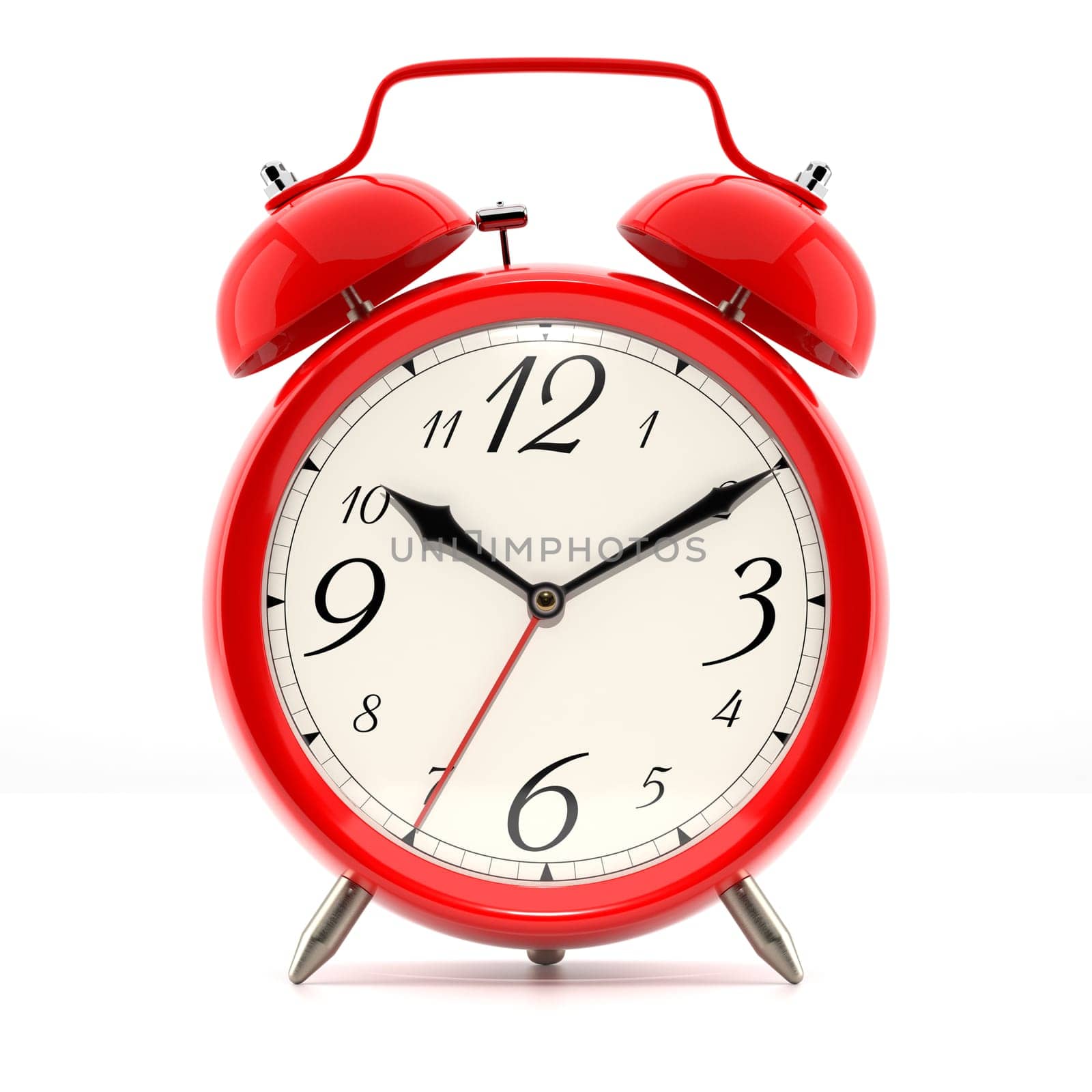 Alarm clock on white background with shadow. Vintage style red color clock with black hands.