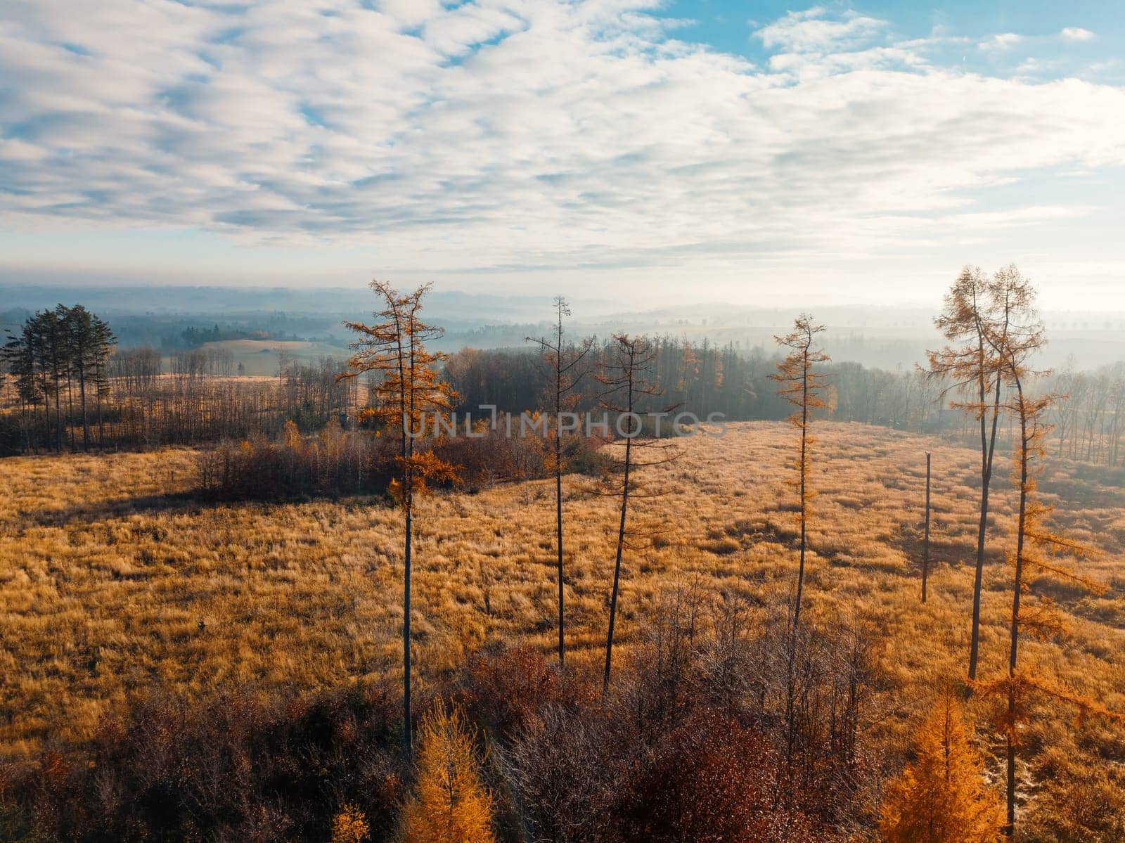 Aerial view of autumn sunrise countryside, traditional fall landscape with rising sun in Central europe. Foggy and misty sunrise. Frozen landscape from bird eye. Czech Republic,Vysocina highland