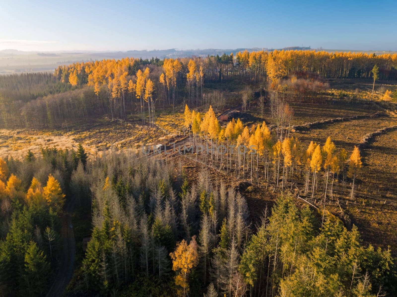Aerial view of autumn sunrise countryside, traditional fall landscape with rising sun in Central europe. Foggy and misty sunrise. Frozen landscape from bird eye. Czech Republic,Vysocina highland