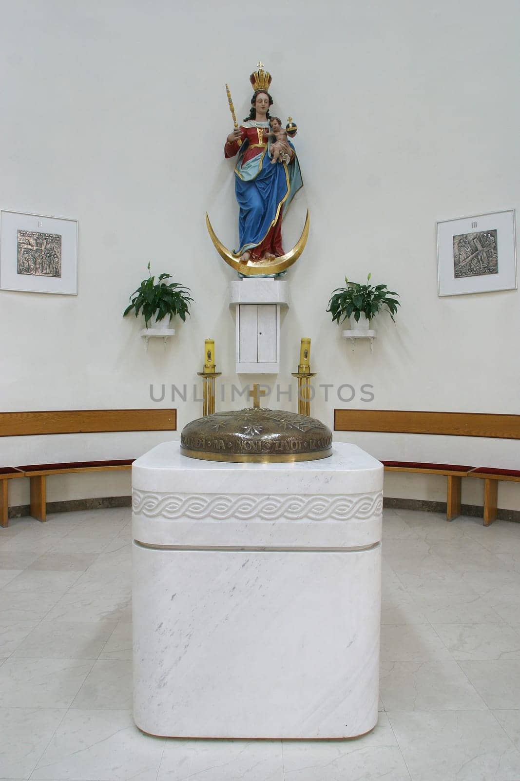 Baptismal font in the parish church of St. Paul in Retkovec, Zagreb, Croatia