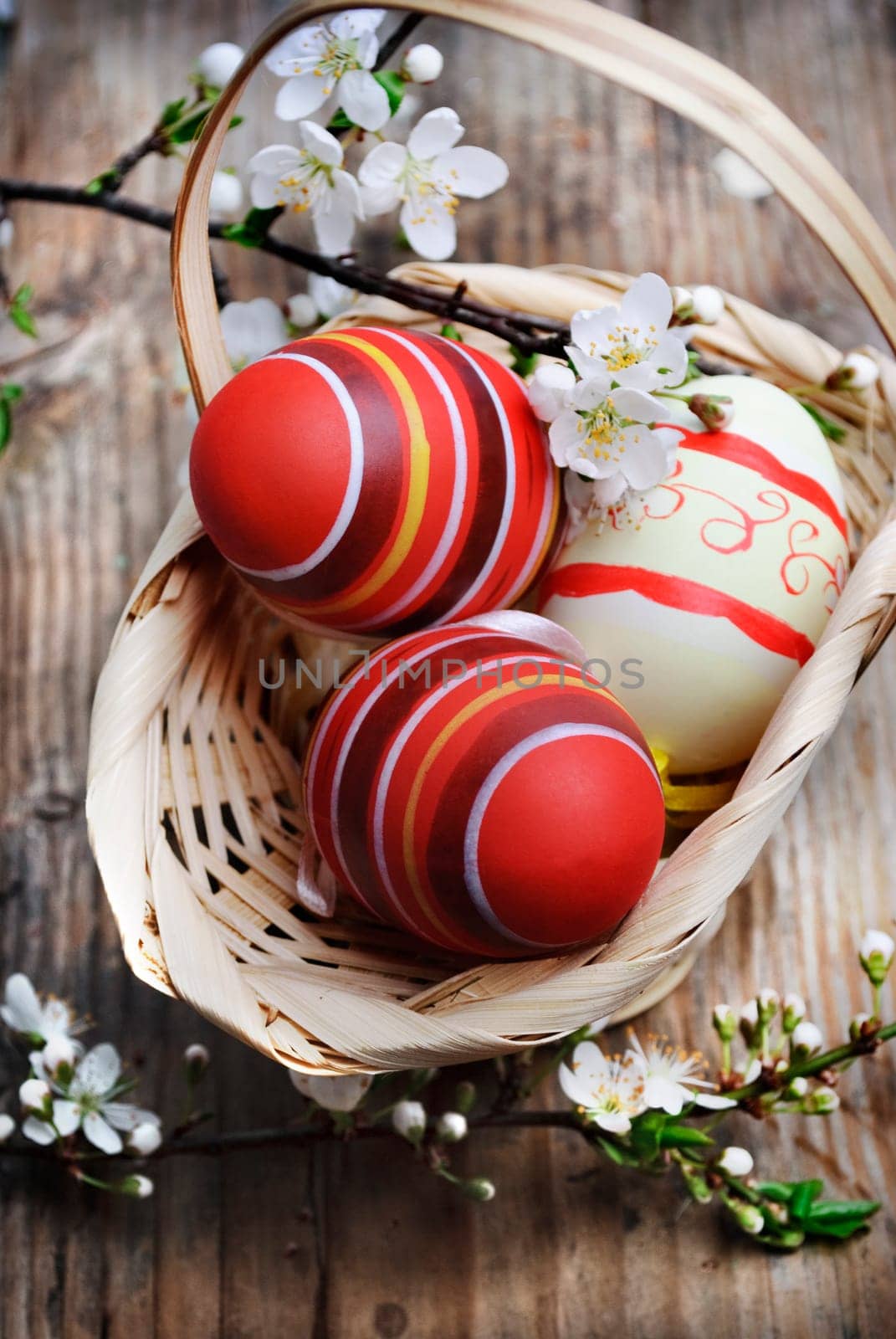Easter eggs in basket on wooden background