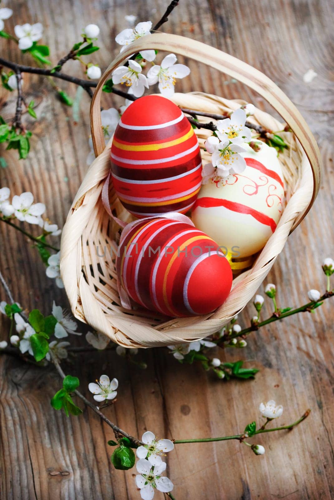 Easter eggs in basket on wooden background