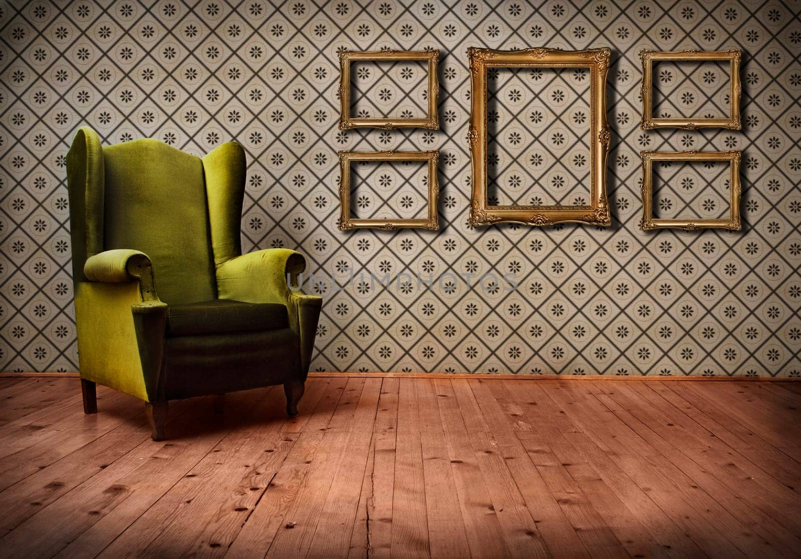 Vintage room with wallpaper and old fashioned armchair