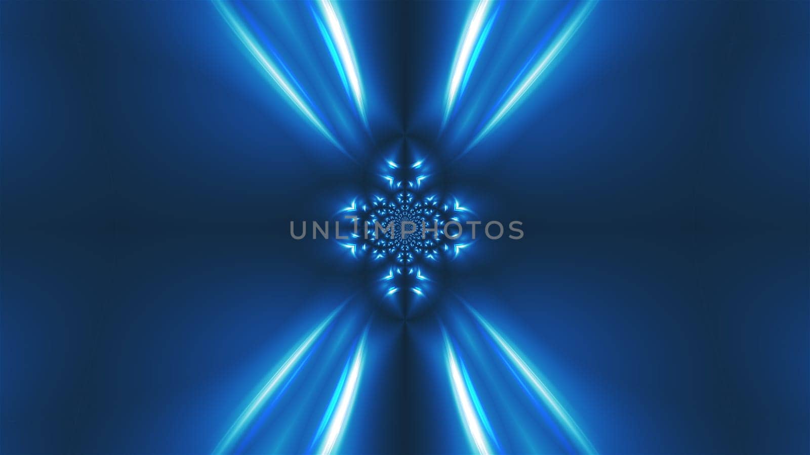 Computer generated fractal blue kaleidoscopic background of twinkling blue lights, 3d rendering