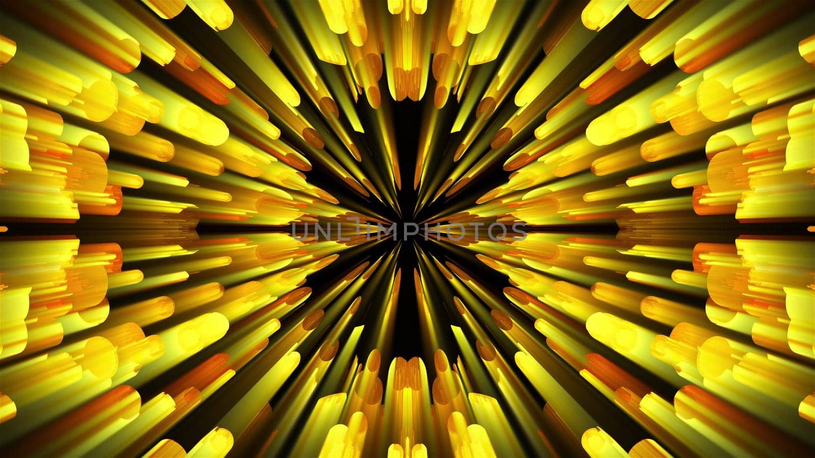 3D rendering radiation from the center of golden flickering particles on a black background, computer generated abstract background