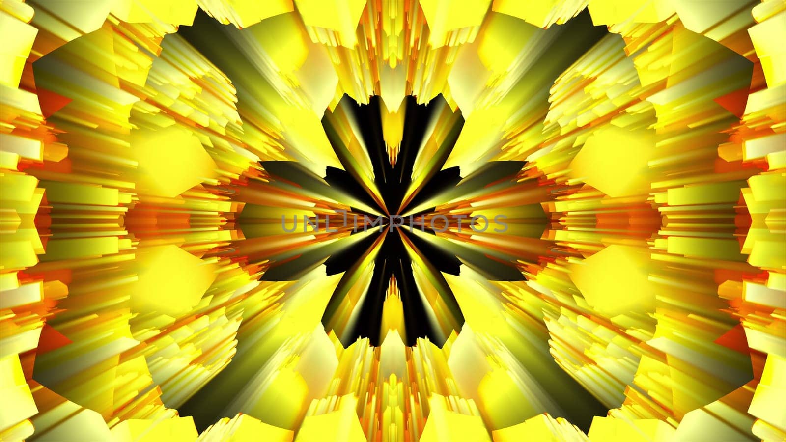 3D rendering radiation from the center of golden flickering particles on a black background, computer generated abstract background
