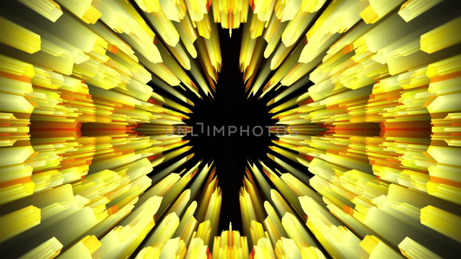3D rendering radiation from the center of golden flickering particles on a black background, computer generated abstract background
