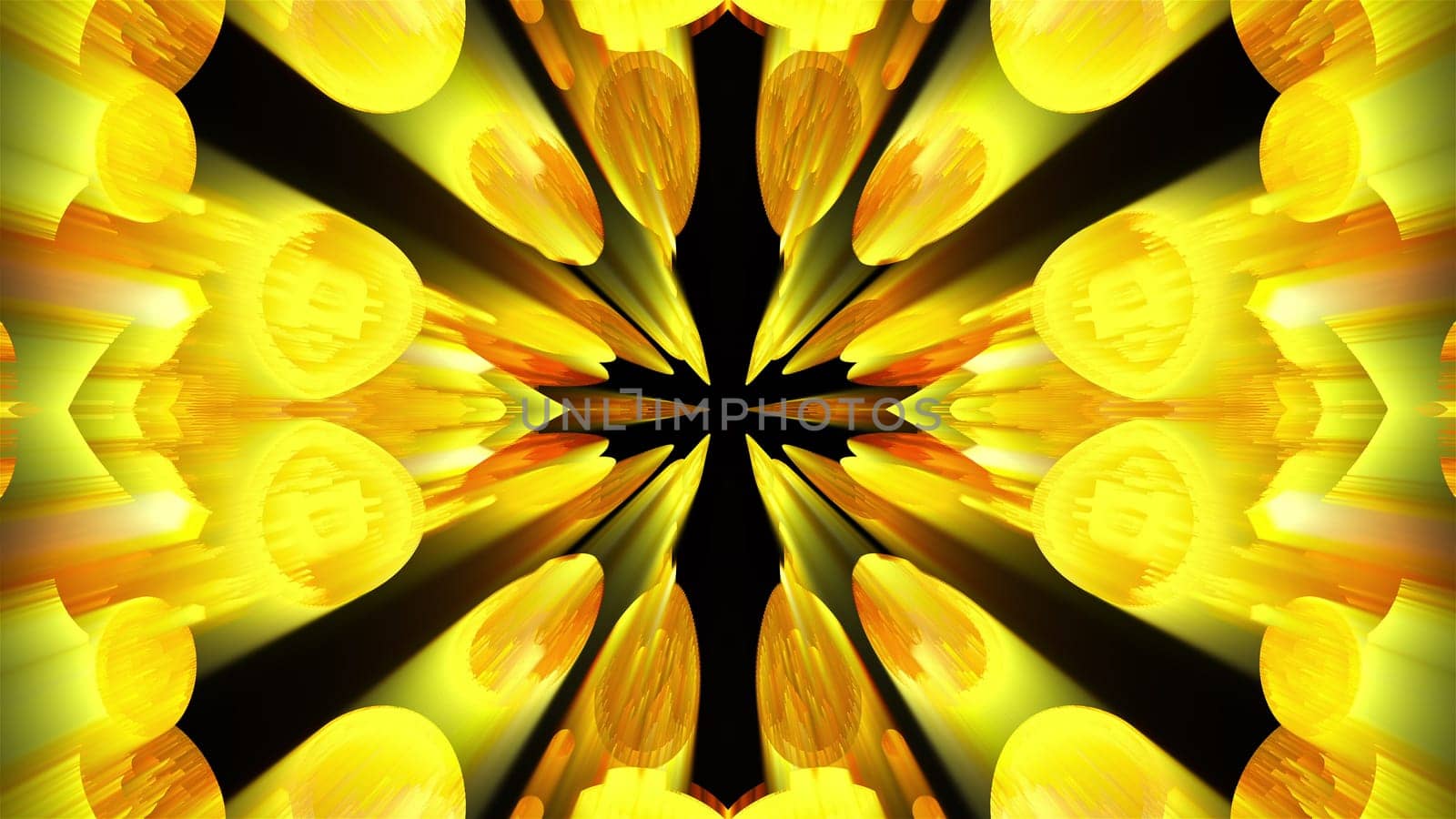 3D rendering radiation from the center of golden flickering particles on a black background, computer generated abstract background