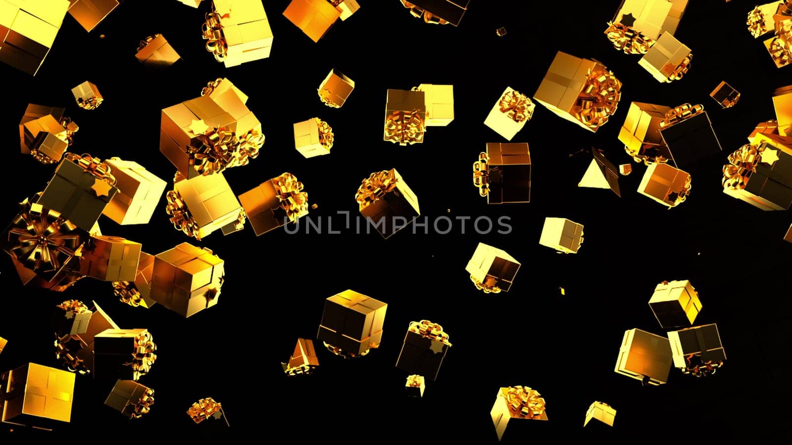 Gold 3d render packages falling down against blank background. Modern festive decor for christmas new year birthday and other holidays. Surprise for loved ones.