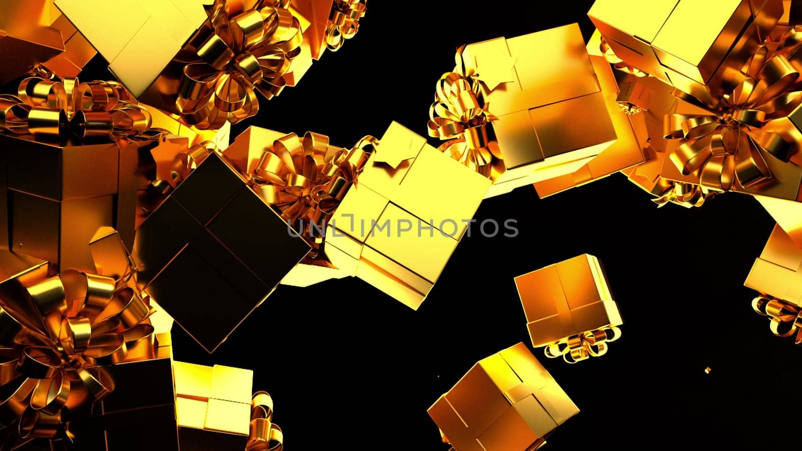 Gold 3d render packages falling down against blank background. Modern festive decor for christmas new year birthday and other holidays. Surprise for loved ones.