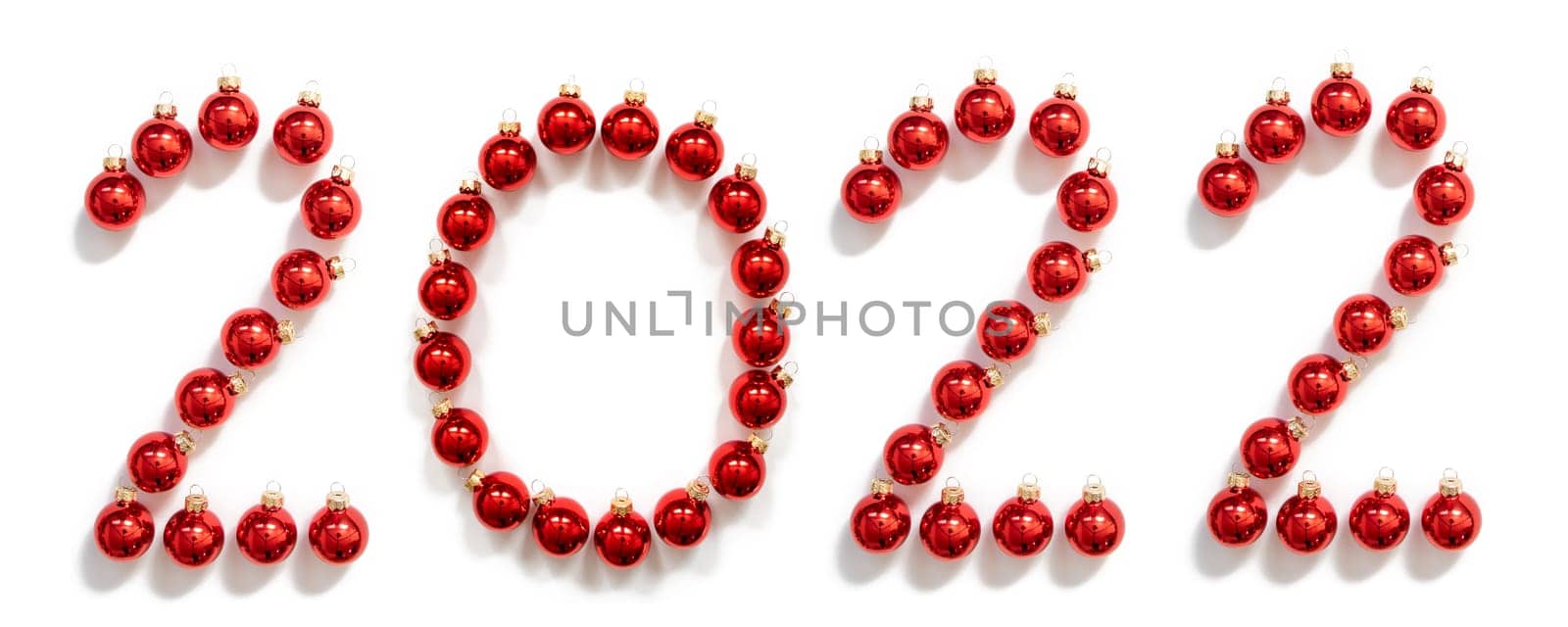 Red Christmas Ball Ornament Building 2022. Festive Christmas Decoration. White Isolated Background