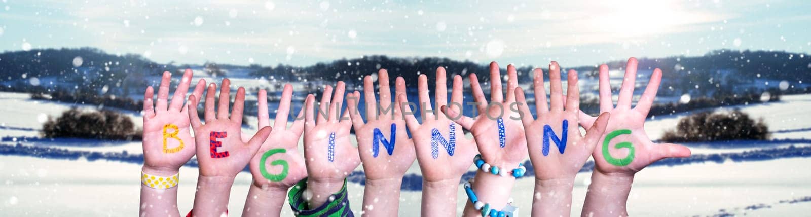 Children Hands Building Colorful English Word Beginning. Snowy Winter Background With Snowflakes