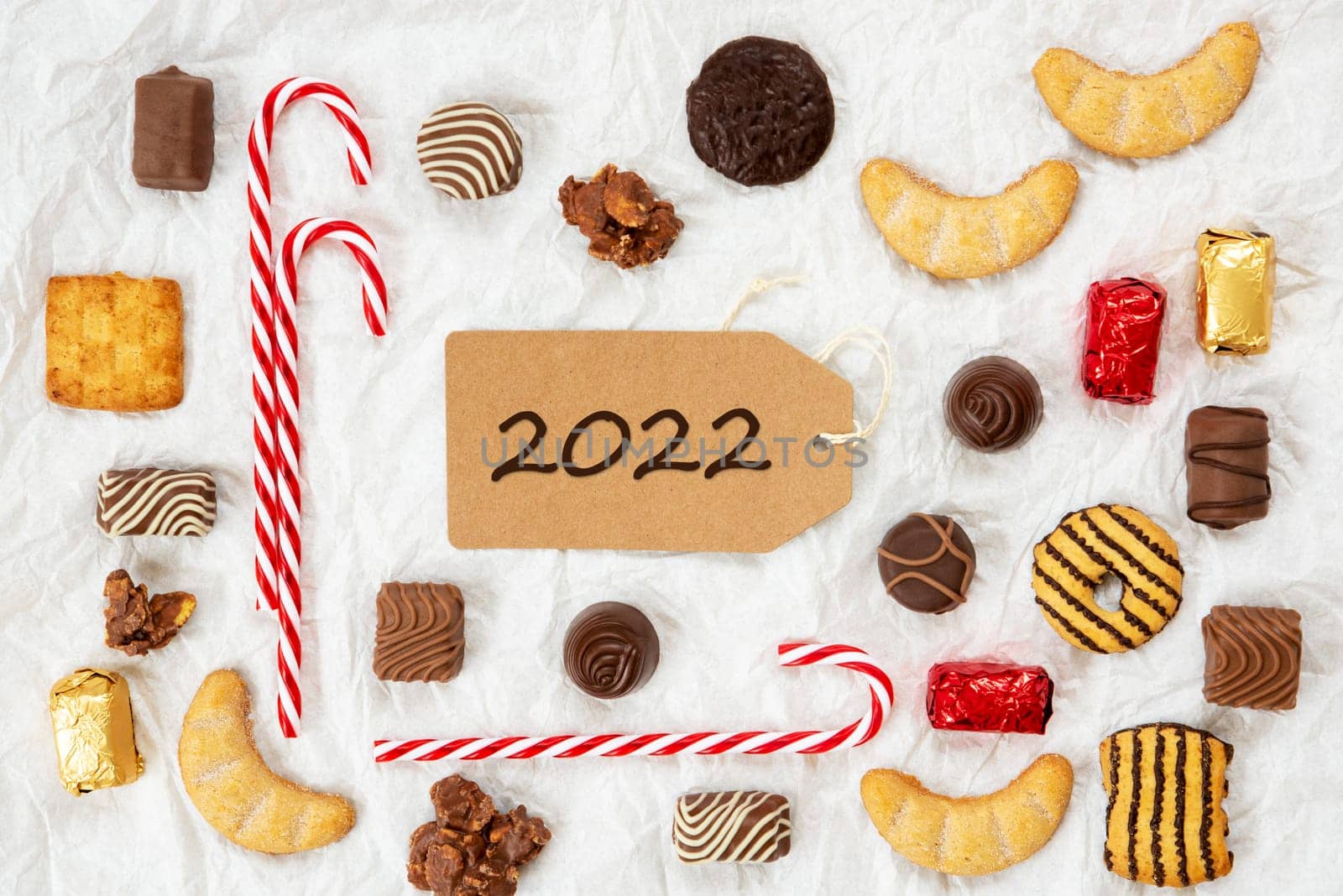 One Brown Label With English Text 2022. Christmas Candy Collection With Homemade Cookies.