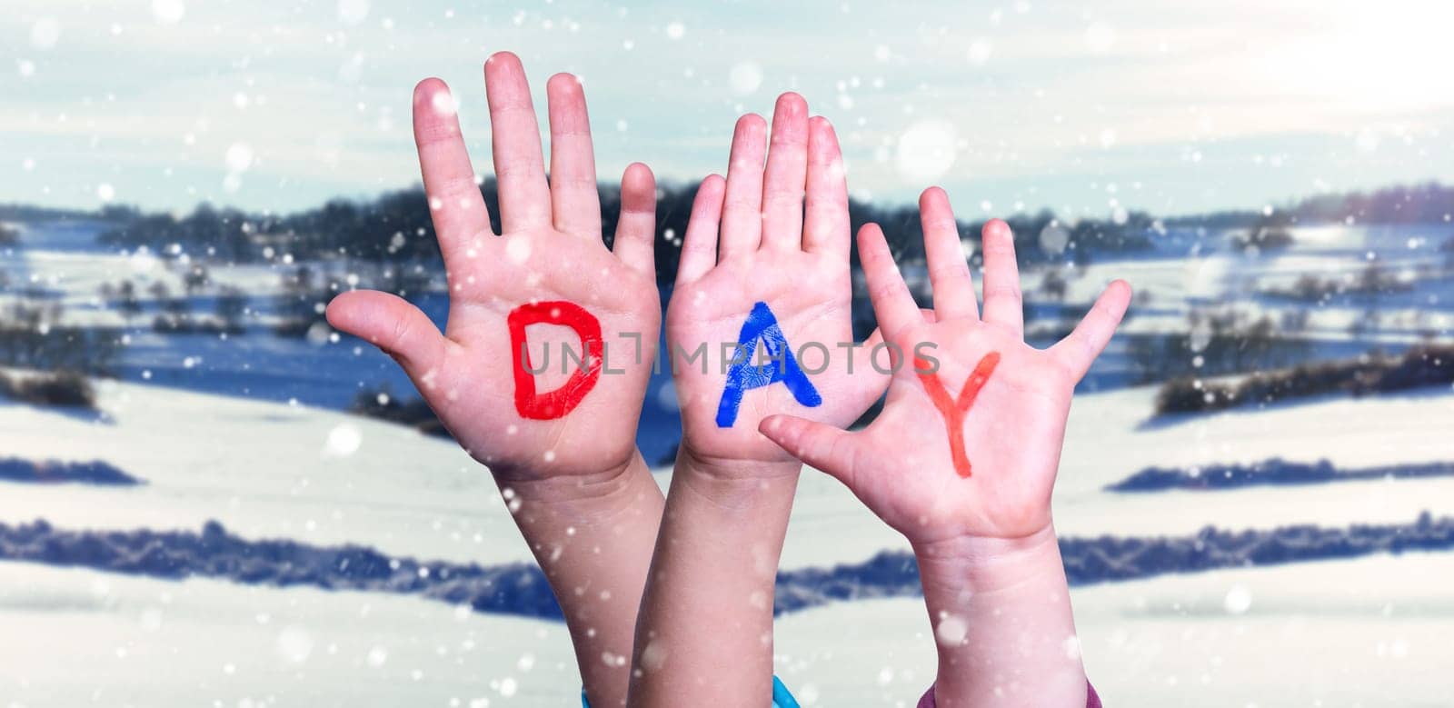 Children Hands Building Colorful Word Day. Snowy Winter Background With Snowflakes