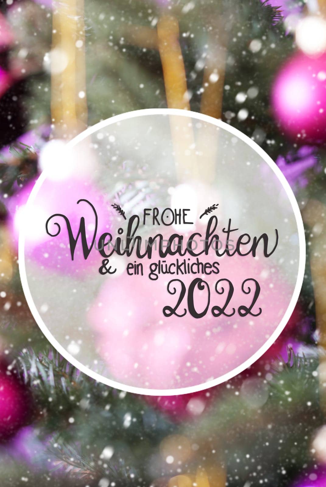 German Calligraphy Frohe Weihnachten Und Ein Glueckliches 2022 Means Merry Christmas And Happy 2022. Christmas Tree With Blurry Pink Christmas Ball Ornament And Snowflakes