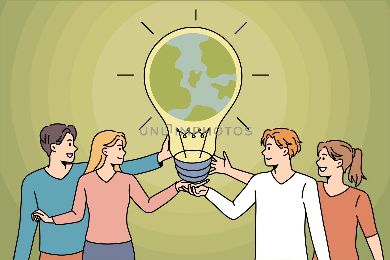 Diverse people hold lightbulb with planet earth inside show care for environment. Happy men and women demonstrate world protection. Eco-friendly lifestyle concept. Flat vector illustration.