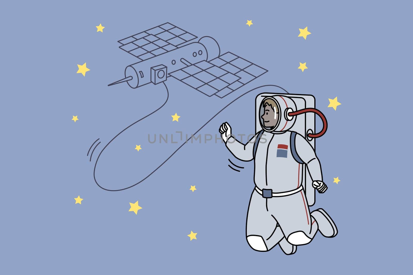 Astronaut in costume connected to satellite in open space. Spaceman with orbital body in universe. Opening new horizons concept. Enlightenment and discovery. Flat vector illustration.
