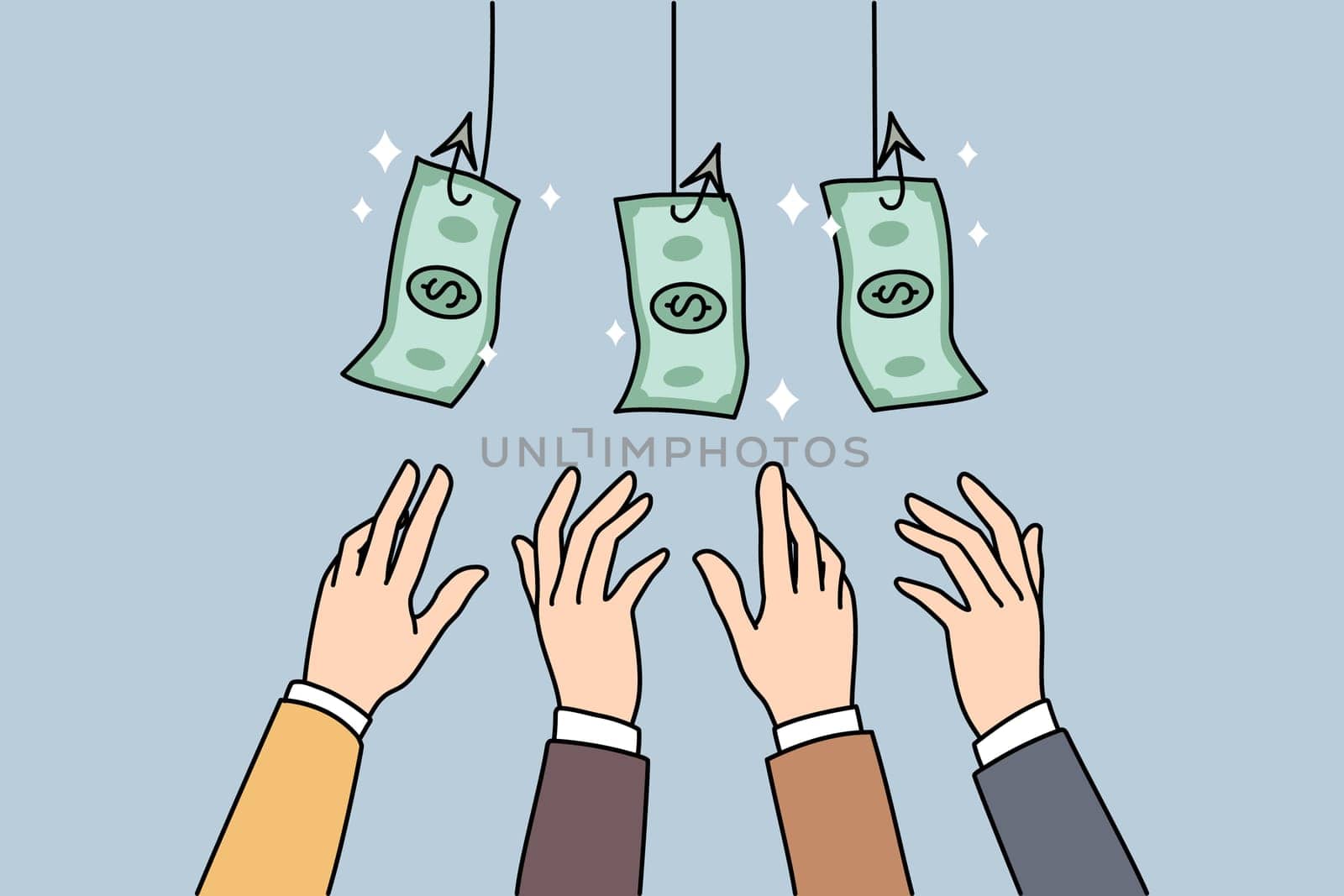 People compete for money banknotes strive for wealth. Employees workers stretch hands for dollar bills get on hook of risky business, need cash. Manipulation concept. Vector illustration.