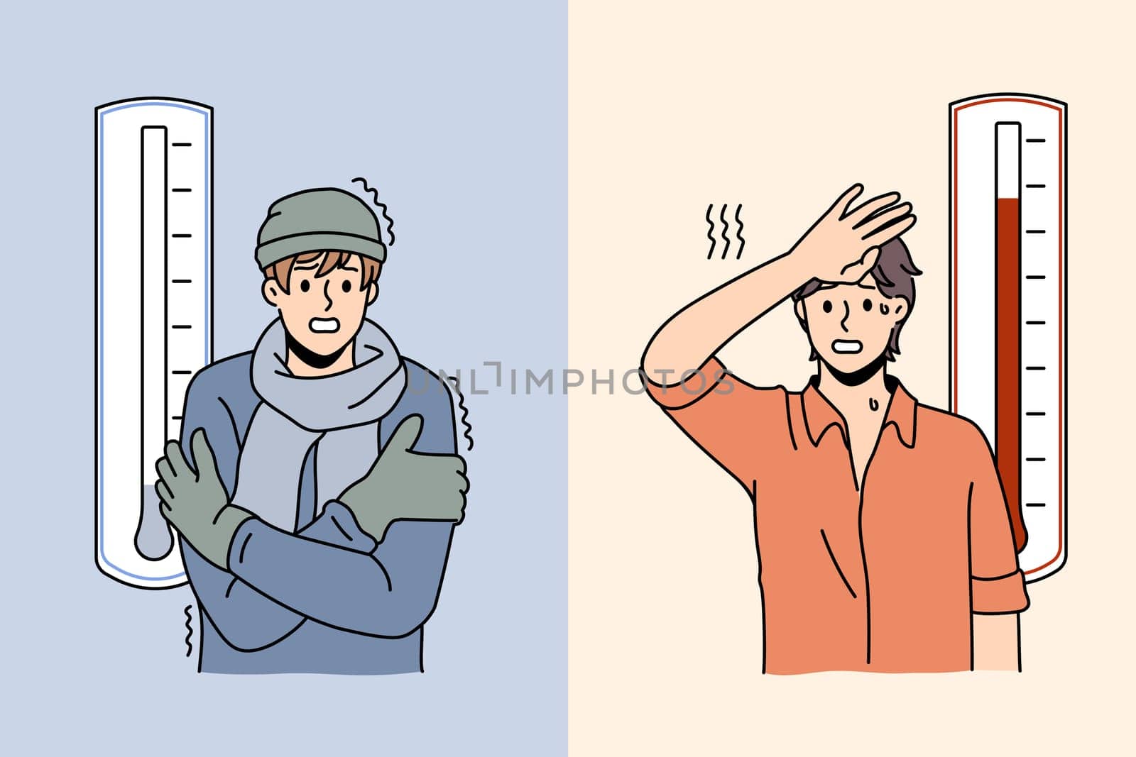 Man on cold and warm days, thermometer measurement near. Guy froze on winter and hot on summer season. Meteorology, weather forecast. Vector illustration, cartoon character.