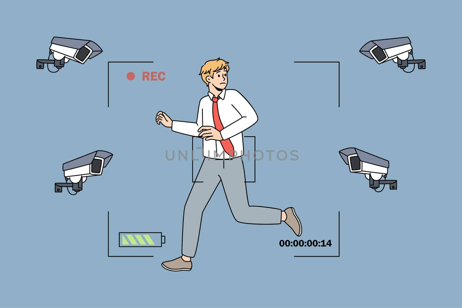 Anxious young businessman run stressed with cameras fixing following him. Worried unhappy man employee distressed panic with photo cam shoot moves. Privacy lack concept. Vector illustration.